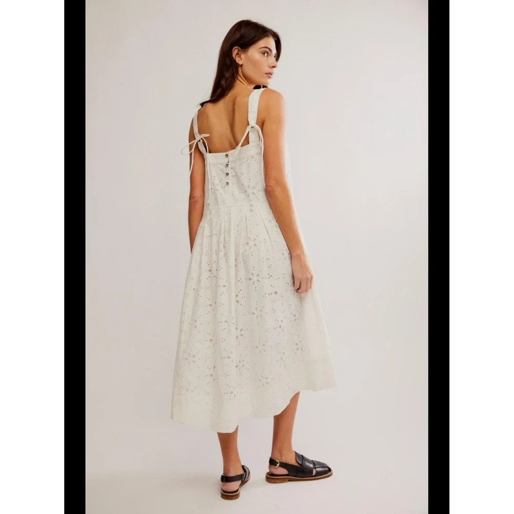Free People Primavera Eyelet Lace Midi Dress XS White Boho Square Neck Tie Back